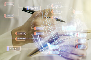 Poster - Multi exposure of abstract software development hologram with world map and man hand writing in notebook on background, global research and analytics concept