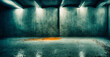 empty underground garage room made of concrete with cyan tinted light shining from above and some orange rust dust laying on a wet reflective floor, generative AI