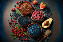 Selection Of Healthy Food. Superfoods, Various Fruits And Assorted Berries, Nuts And Seeds