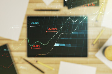 Poster - Multi exposure of stats data illustration and modern digital tablet on background, top view, computing and analytics concept