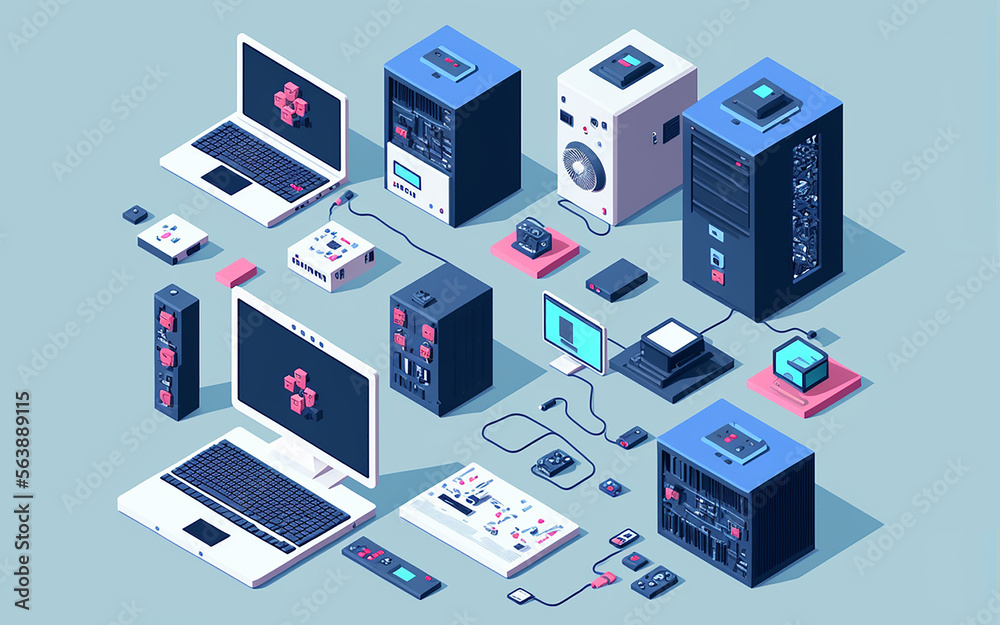 Big data center isometric icon pack, server room rack, engineering ...