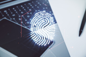 Aufkleber - Double exposure of abstract creative fingerprint hologram on laptop background, research and development concept