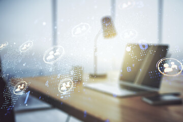 Aufkleber - Double exposure of social network icons concept with world map and modern laptop on background. Marketing and promotion concept