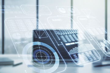 Poster - Double exposure of abstract creative statistics data hologram on laptop background, statistics and analytics concept