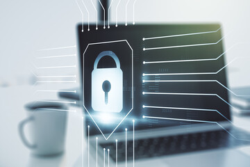 Poster - Creative lock sketch with chip hologram on modern laptop background, protection of personal data concept. Multiexposure