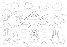 Cute Dog In Front Of Its House. Coloring Page For Kids That You Can Print On A4 Size Paper