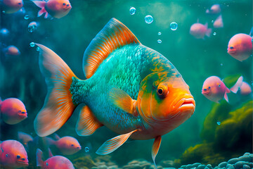 colorful Underwater shot in the sea of fish, generative ai