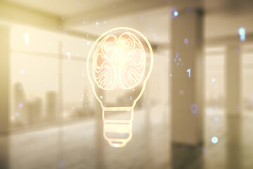 Aufkleber - Abstract virtual creative light bulb with human brain hologram on empty classroom background, artificial Intelligence and neural networks concept. Multiexposure