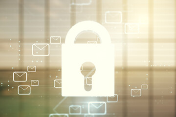 Poster - abstract virtual lock illustration with postal envelopes on modern interior background, cyber securi