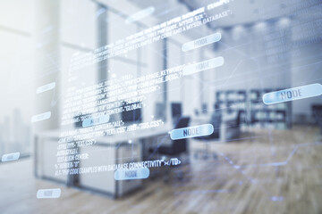 Poster - Multi exposure of abstract software development hologram on modern corporate office background, research and analytics concept