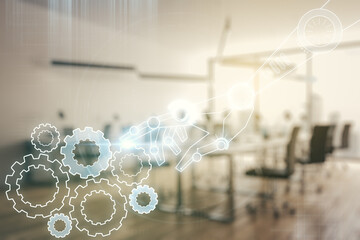 Aufkleber - Double exposure of abstract virtual robotics technology hologram on modern corporate office background. Research and development software concept