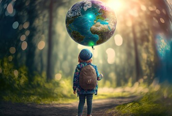illustration of cute kid boy or girl with big earth planet balloon, idea for environment reservation