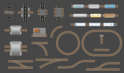 Set of railway parts and trains top view for city map. Railroad train track kit. City transport. Railway route vector collection: station, electric and freight train, wagon, locomotive from above