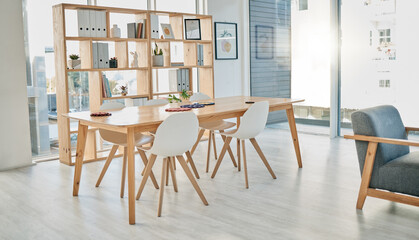 Poster - Business, empty meeting room and office, creative space for idea planning with bright interior furniture. Boardroom, design startup and city workplace for teamwork in sunny urban building with nobody