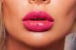 Sexy pink lips close up. Beautiful Perfect Makeup. Macro. Beautiful pink Lip Gloss. Advertising. Cosmetic.Mouth open, big lips. 