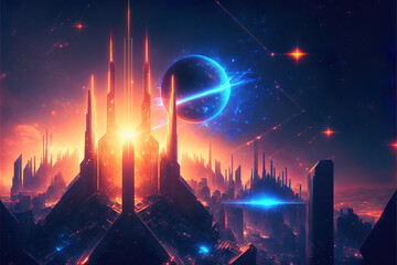 Wall Mural - abstract futuristic colorful landscape background with glowing fantasy lights, generative ai