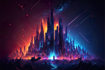 Wall Mural - abstract futuristic colorful landscape background with glowing fantasy lights, generative ai