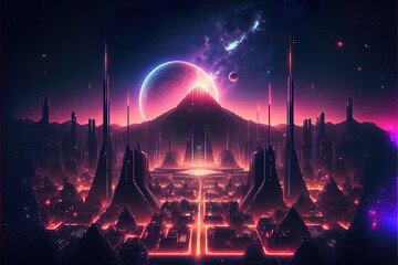 Wall Mural - abstract futuristic colorful landscape background with glowing fantasy lights, generative ai