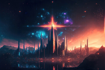 Wall Mural - abstract futuristic colorful landscape background with glowing fantasy lights, generative ai