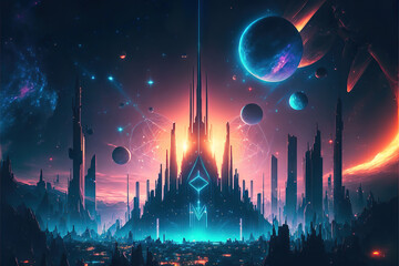 Wall Mural - abstract futuristic colorful landscape background with glowing fantasy lights, generative ai