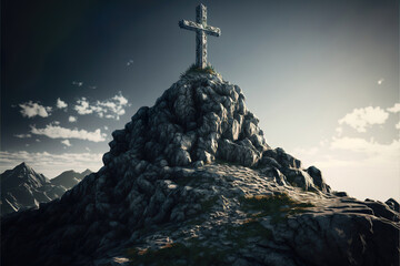 Poster - christian catholic cross on the hills, generative ai