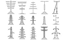 High Voltage Pole Electric Pylon Icon Set. Outline Illustration Of Vector Icons Of High Voltage Electrical Tower For Wires Web Eps10