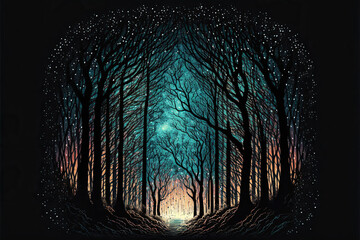 Wall Mural - An illustration of a magical fantasy forest at night. Enchanted fairytale with tree silhouettes. Generative AI