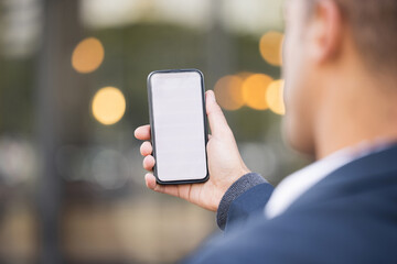 Poster - Businessman, hand and mockup phone in city for schedule planning app, email communication or networking. Man, smartphone mockup space and reading screen for calendar, web article and financial news