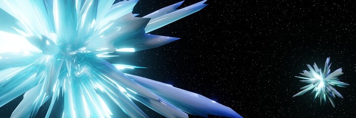 Fototapete - Abstract Digital Futuristic Glowing Crystals fly in space panorama Background 3D rendering