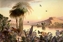 Landscape Wallpaper Of Palms And Trees On The Banks Of The Nile In Ancient Egypt With Temples, Birds And Butterflies In Vintage Style - Digital Painting 