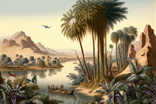 Landscape Wallpaper Of Palms And Trees On The Banks Of The Nile In Ancient Egypt With Temples, Birds And Butterflies In Vintage Style - Digital Painting 