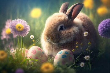 Wall Mural - cute easter bunny with easter eggs, generative ai