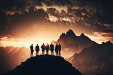 Fototapeta Młodzieżowe - Group of people on peak of the mountain at sunset, generative AI