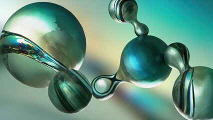 Wall Mural - Green Fused meta balls spheres leaning together Abstract, dramatic, passionate, luxurious and exclusive 3D rendering graphic design elemental background material.