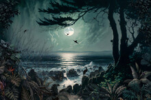 Wallpaper Landscape Of Island Beaches At Night With Full Moon And Glowing, Birds, Trees And Plants In Vintage Style - Digital Painting