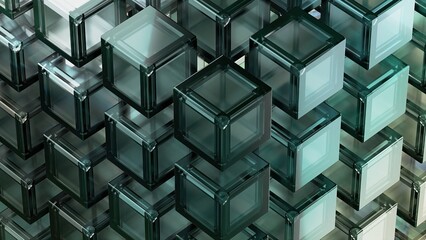 Wall Mural - Green, grid-aligned set of glass-textured cubes abstract, dramatic, passionate, luxurious and exclusive 3D rendering of graphic design elemental background material.