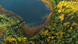 Fototapeta Pomosty - dzika zatoka nad leśnym jeziorem w otoczeniu jesiennego lasu 