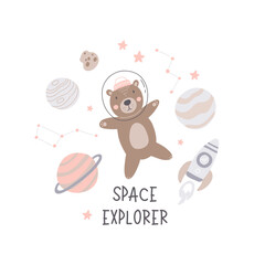 Wall Mural - Space adventure brown bear. Cartoon bear, hand drawing lettering, decor elements. Pastel vector illustration for kids. Scandinavian flat style. baby design for cards, posters, t-shirt print.