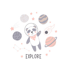 Wall Mural - Space adventure panda. Cartoon bear, hand drawing lettering, decor elements. Pastel vector illustration for kids. Scandinavian flat style. baby design for cards, posters, t-shirt print.