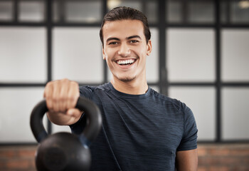 Canvas Print - Gym, fitness and hands with kettlebell for training strong arms, powerful bicep muscles or body strength exercises for balance. Sports, athlete or happy man with weight for bodybuilder workout in gym