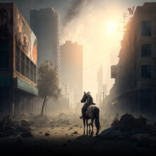 A Lone Horse In A Ruined City After A Nuclear War Where Horses Are White