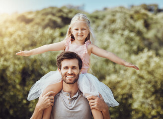 Wall Mural - Portrait, father carry girl and outdoor with smile, love and bonding on weekend, happiness and loving together. Dad, daughter on back or embrace in nature, playing and fun on holiday and quality time