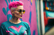 Profile of a young, fashionable girl who has a short haircut, vivid hair color and sunglasses. Urban hipster girl. Colorful background. Illustration. Generative AI.
