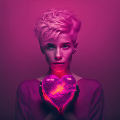 Wall Mural - A portrait of a young, modern girl with a short haircut and a huge heart. Viva magenta background color. Urban hipster girl. Vivid wallpaper. Illustration. Generative AI.