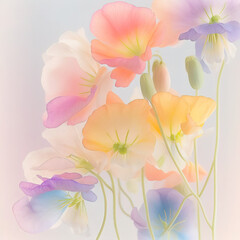 Soft pastel Spring background with fresh, blossom flowers and leaves in mist, smoke and Spring dew. Illustration. Generative AI.