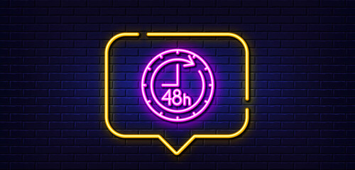 Wall Mural - Neon light speech bubble. 48 hours line icon. Delivery service sign. Neon light background. 48 hours glow line. Brick wall banner. Vector