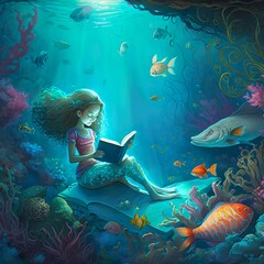 Child Mermaid Reading at the Bottom of the Ocean. Generative AI