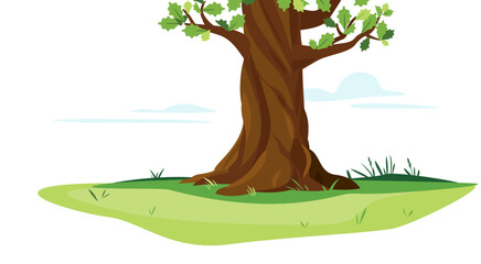 One wide massive old oak tree trunk with green leaves isolated illustration, majestic oak trunk on green meadow with grass in summer day isolated, part of tree