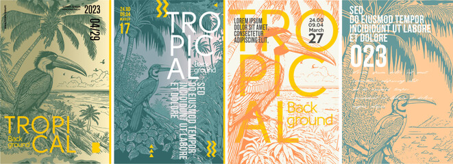 Fototapete - Tropical background. Bird. Cockatoo. Parrot. Typography posters design. Set of flat vector illustrations. Print, label, cover or t-shirt print design.