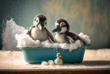 A Couple Of Penguins In A Bathtub With Soap Bubbles. Playful, Happy Animals. Fantasy. Copy Space. AI Generated